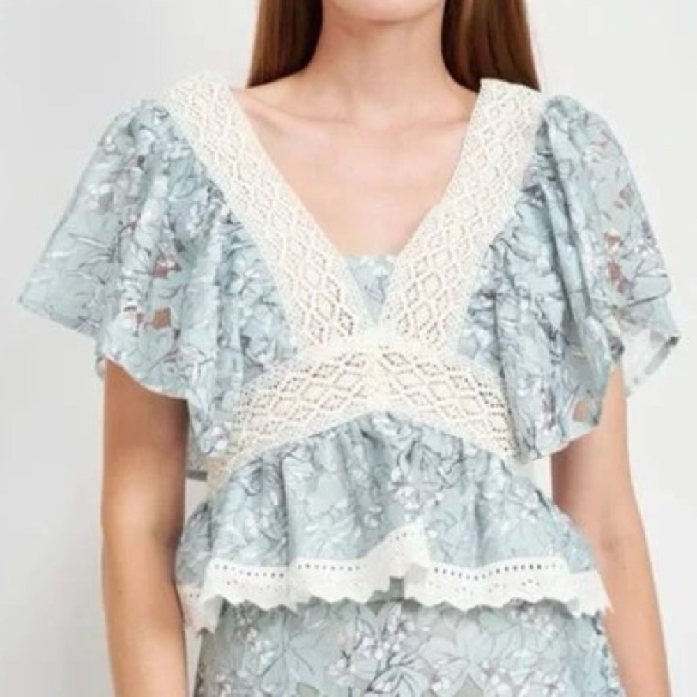NWT En Saison Women’s Caudry Lace Top Blouse Shortsleeve Cottagecore in Teal S